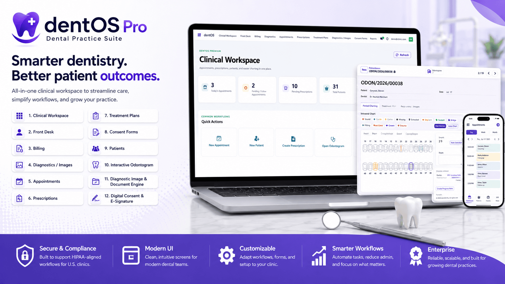 DentOS dental practice dashboard with clinical and administrative workflows
